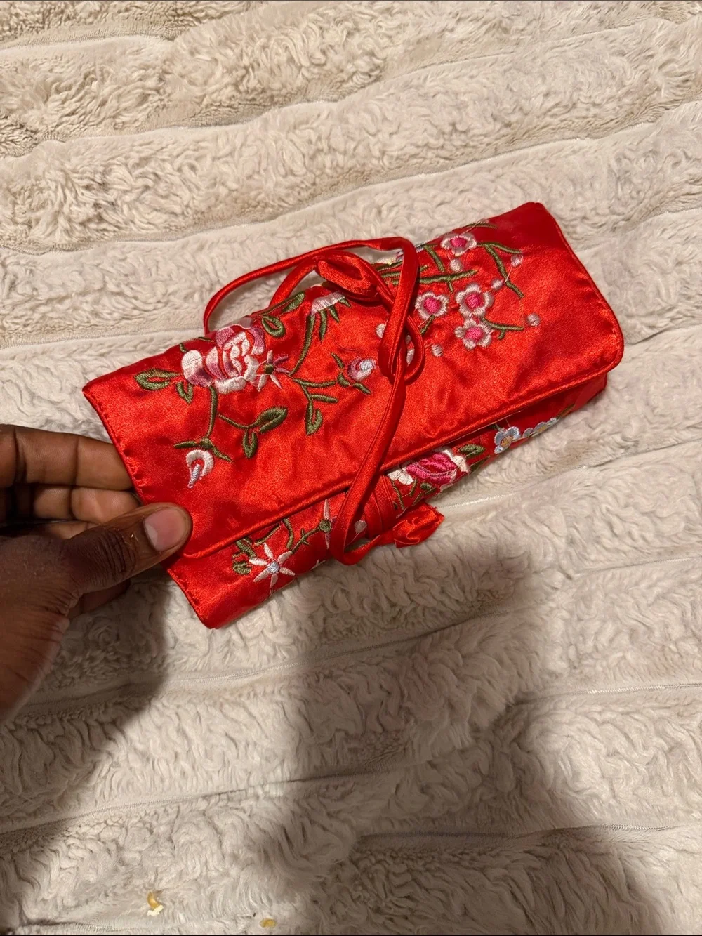 PurseN Red Satin Embroidered Floral Drawstring Pouch